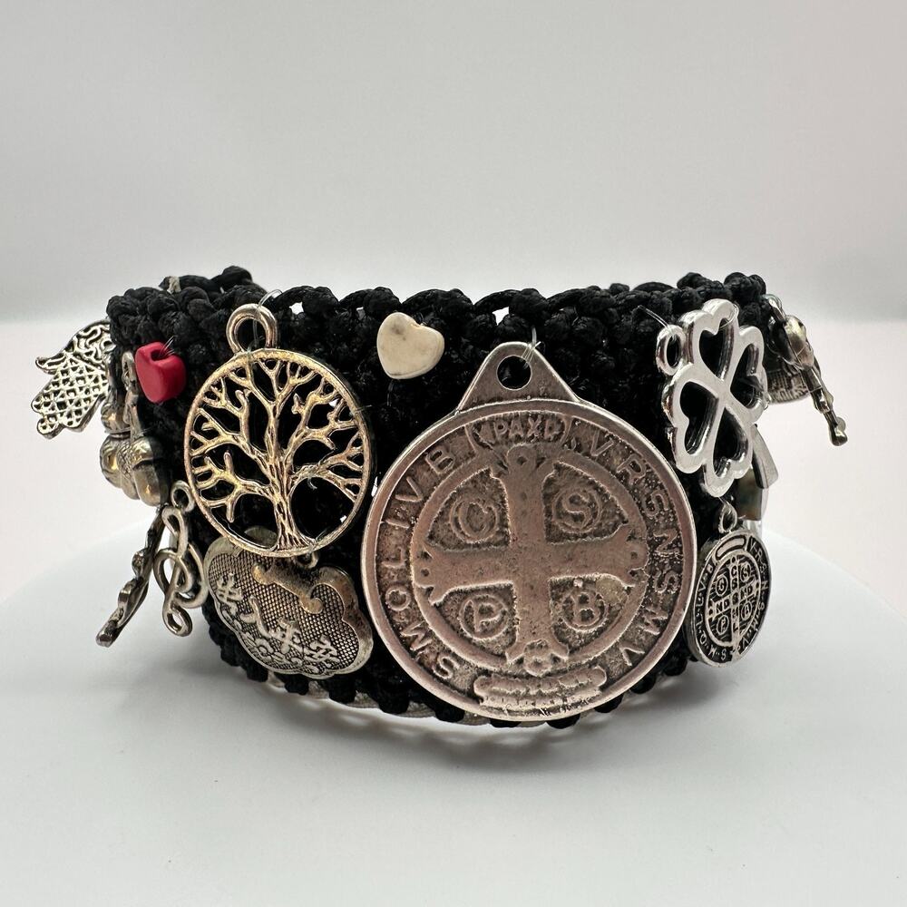 Vintage 90s Silver Tone Black Macrame St Benedict Tree of Life Bracelet Jewelry